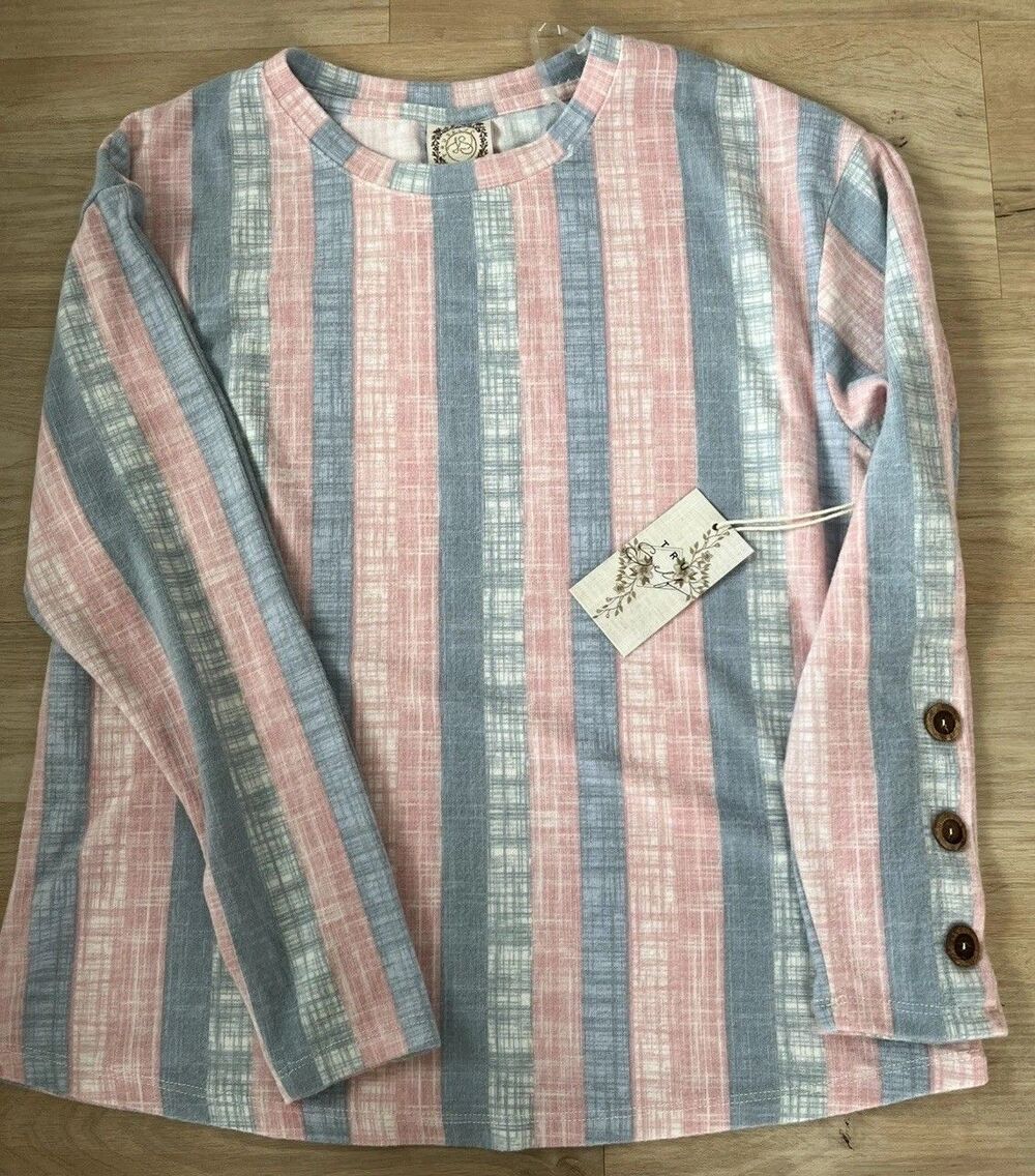 Truself Women’s Blouse Long Sleeve Pink & Gray Stripes Medium Soft & Stretchy